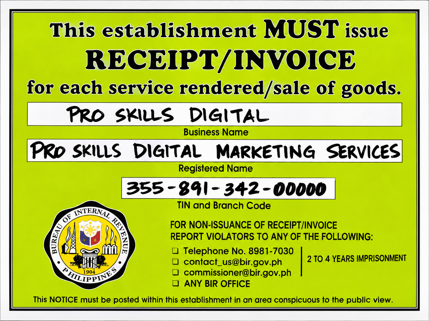 BIR Notice to Issue Receipt or Invoice