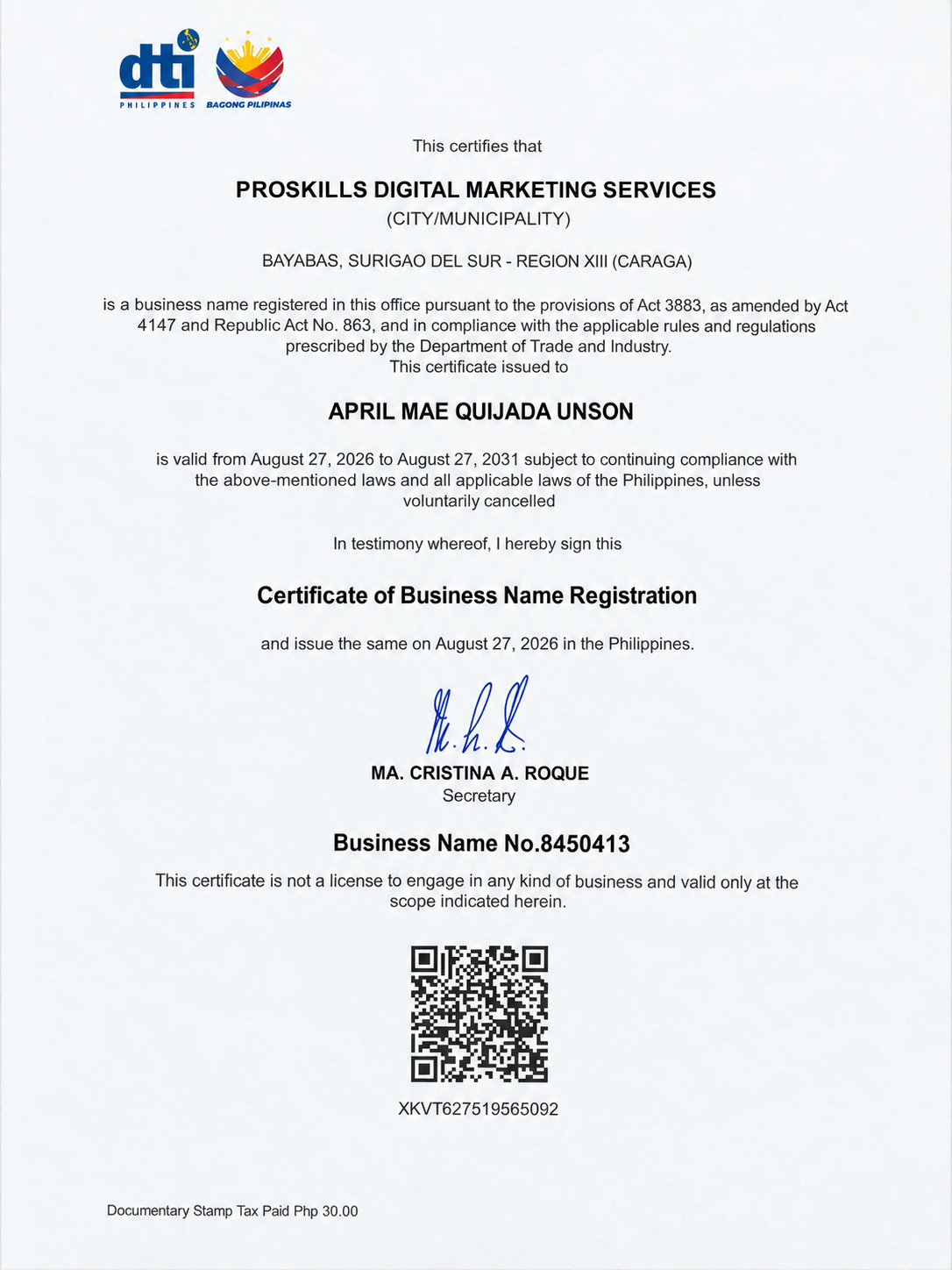 DTI Certificate of Business Name Registration