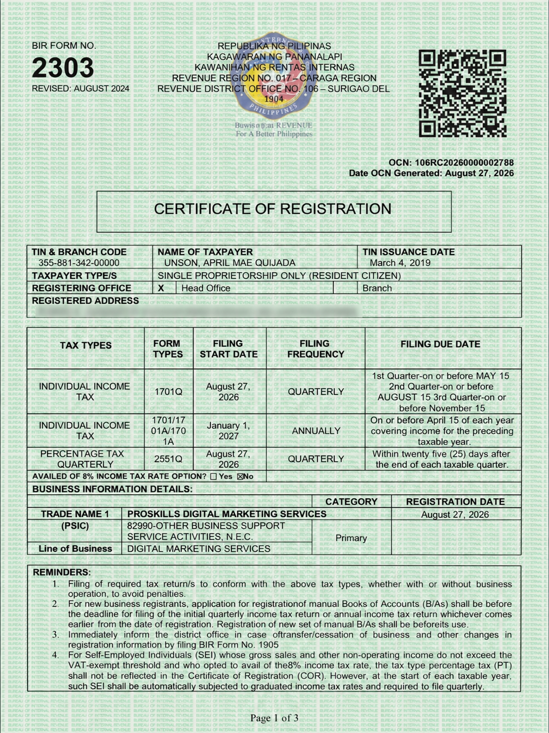 BIR Certificate of Registration page 1