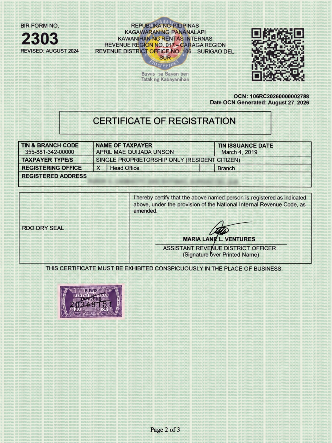 BIR Certificate of Registration page 2