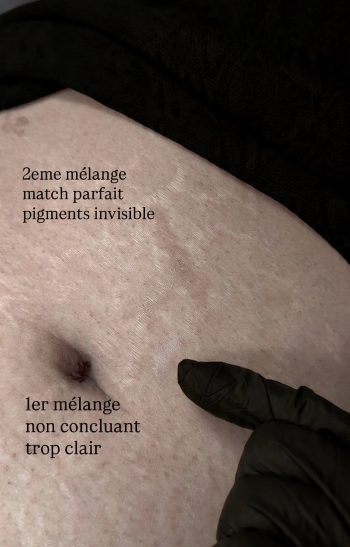 Premier essai de mélange : une teinte encore trop claire par rapport à la peau