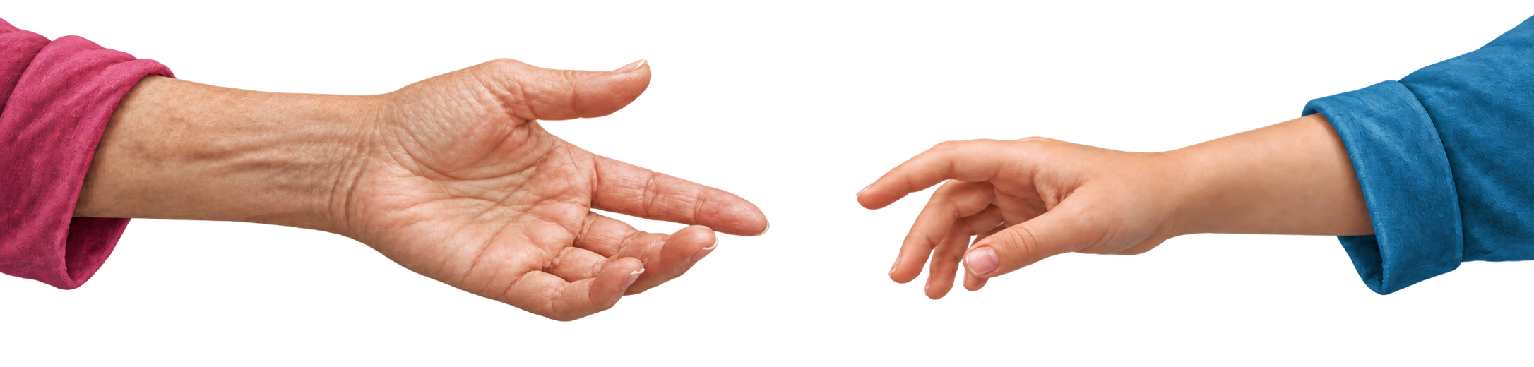 An adult hand and a child's hand reaching towards one another