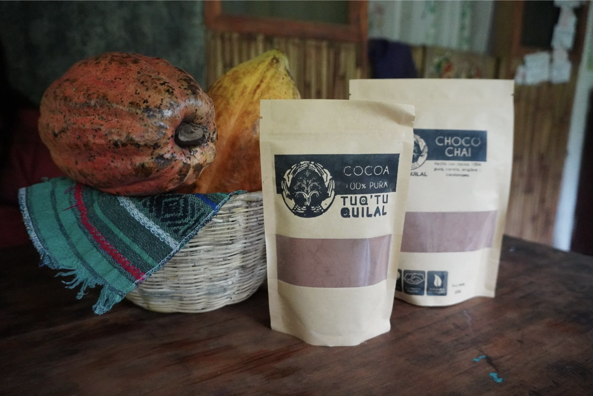Cacao pods and handmade cacao chocolate and chai from Tuqtuquilal in Guatemala.