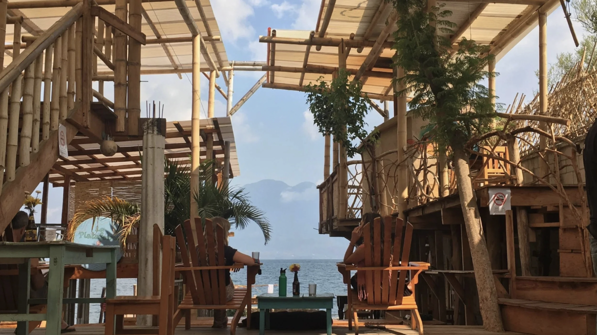 A gorgeous lake front deck with pretty eco friendly materials during a trip based on ecotourism in Guatemala.