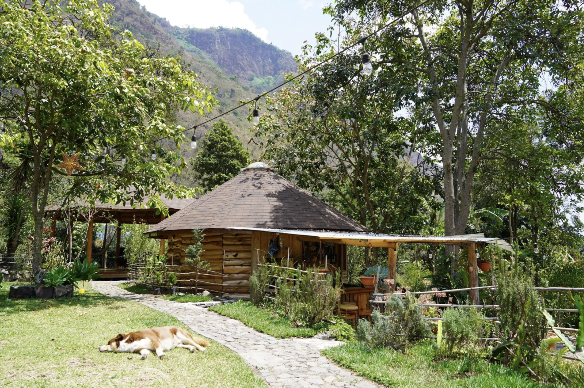 A dog is taking a nap in front of a small wooden lodge in the highlands of Guatemala.