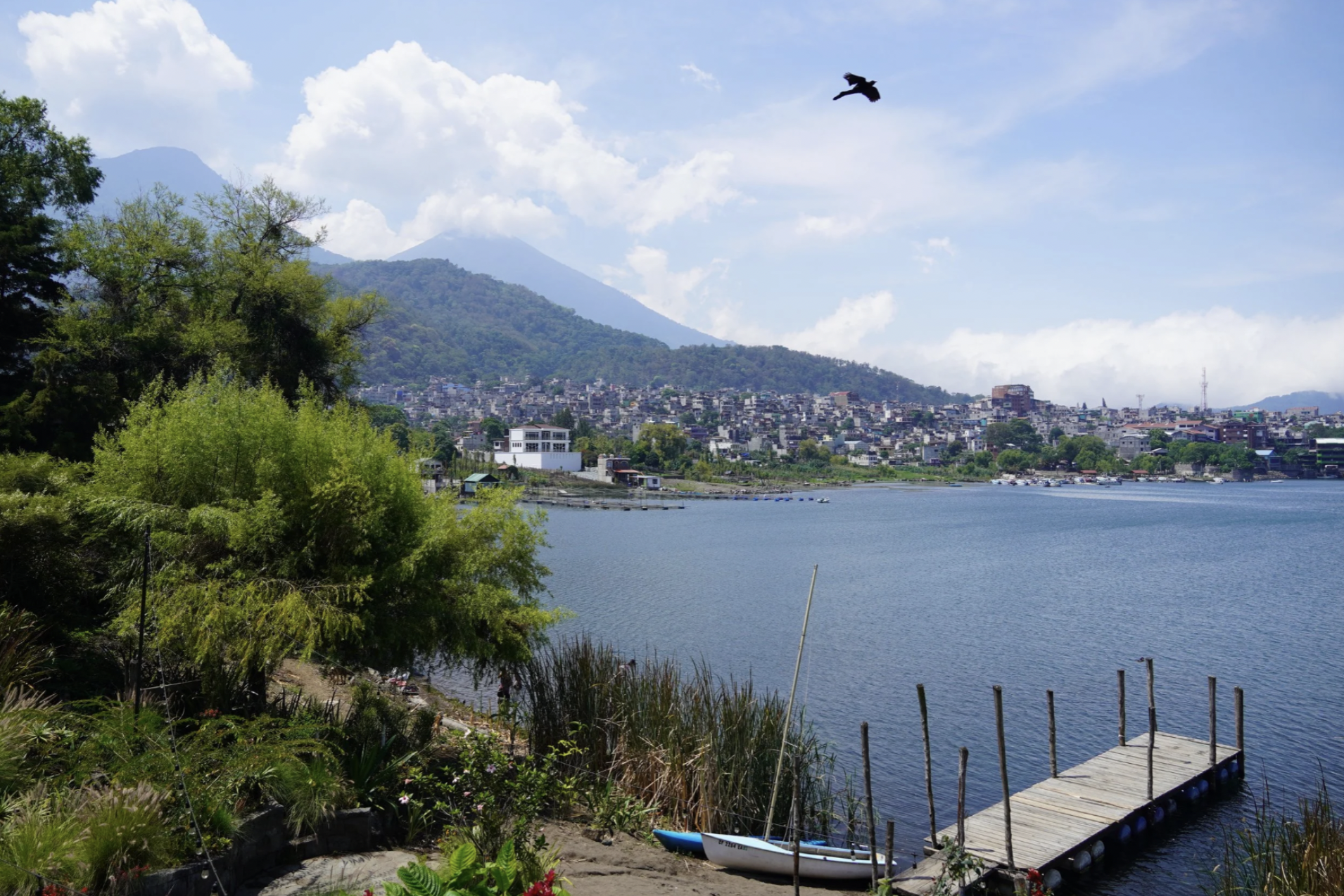 A bird is flying in the sky above the Lake Atitlan with a deck and a boat