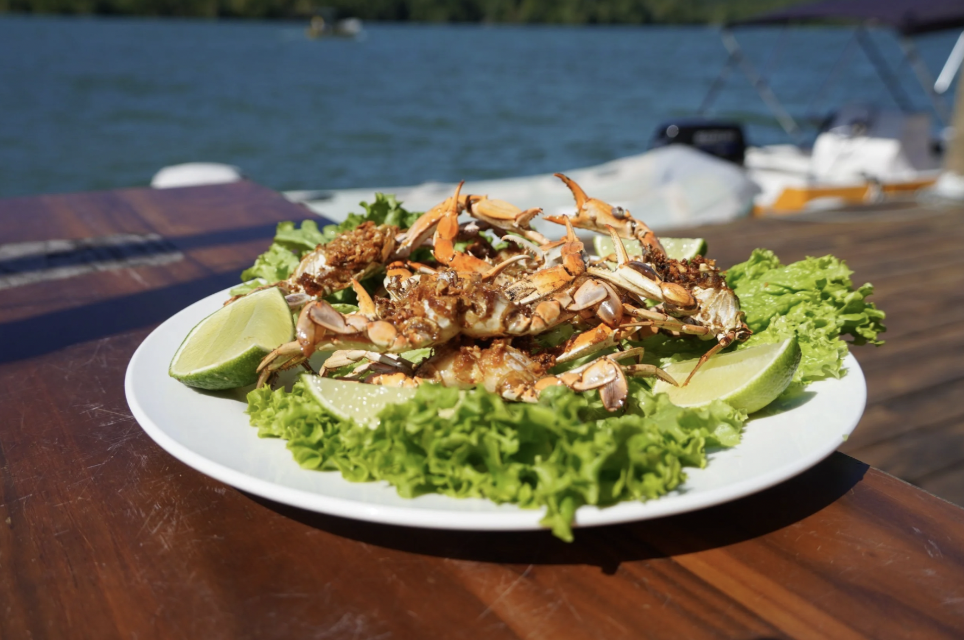 A plate of Guatemalan cuisine, fresh crab is on a bed of lettuce with slices of lime next to the river in Guatemala