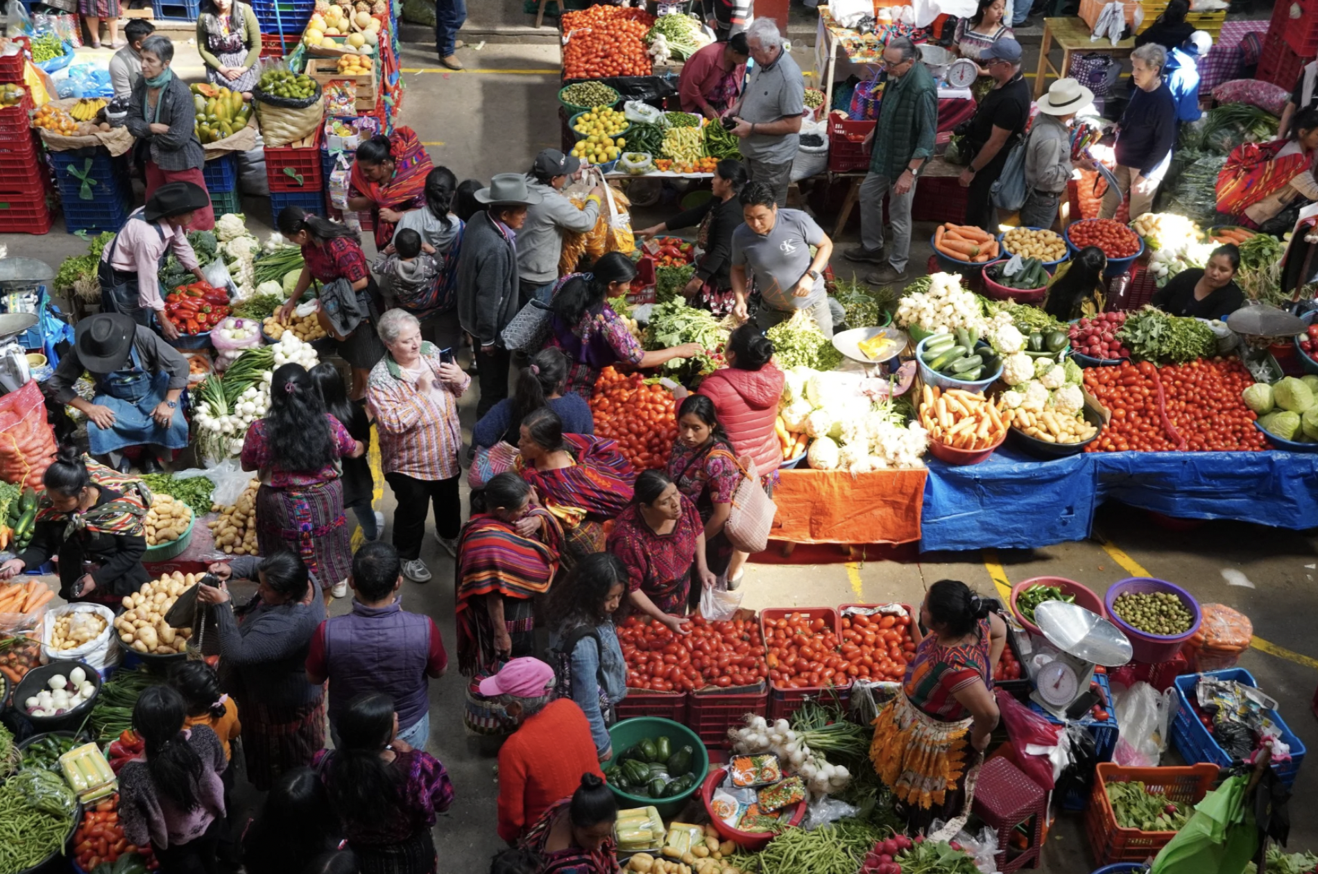 A busy marketplace is full of people buying fresh local fruits and vegetables from vendors to make Guatemalan cuisine