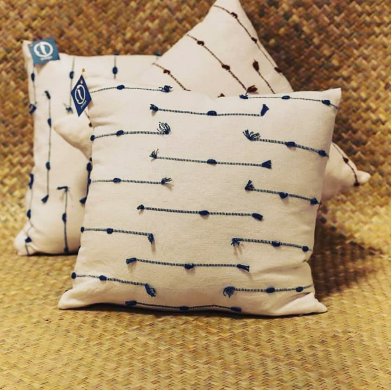 Handmade pillows are for sale from the natural Indigo dye shop in Antigua, Guatemala.
