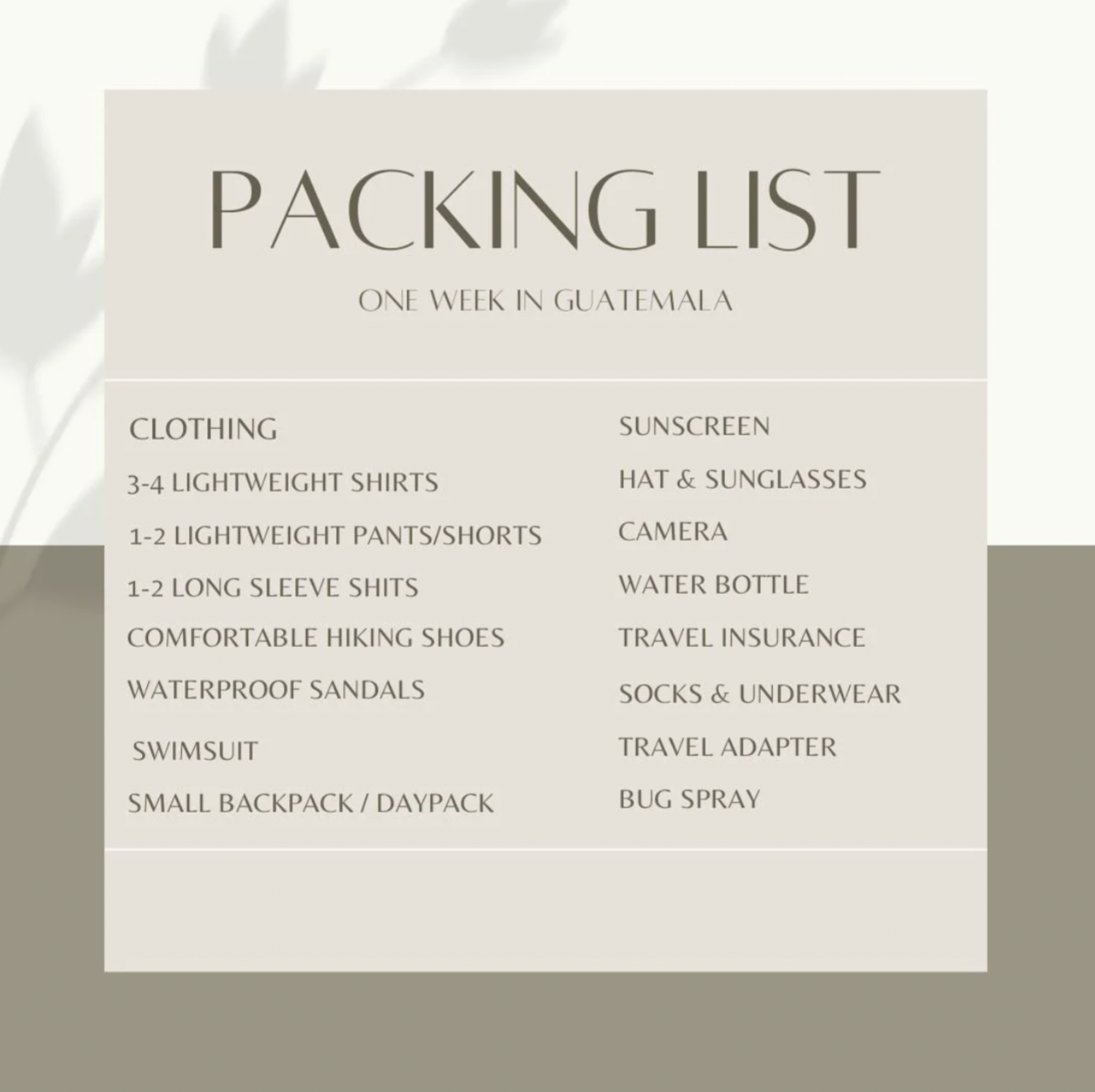 A sample of a packing list for one week in Guatemala