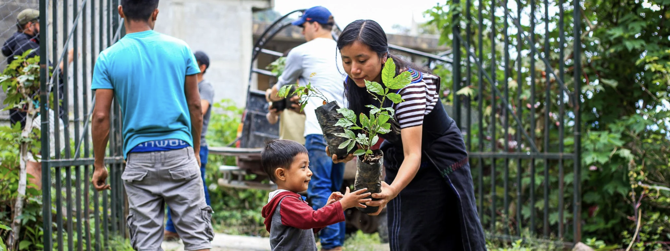 A Guatemalan woman is handing a child a plant as part of the Wellkind nonprofit 