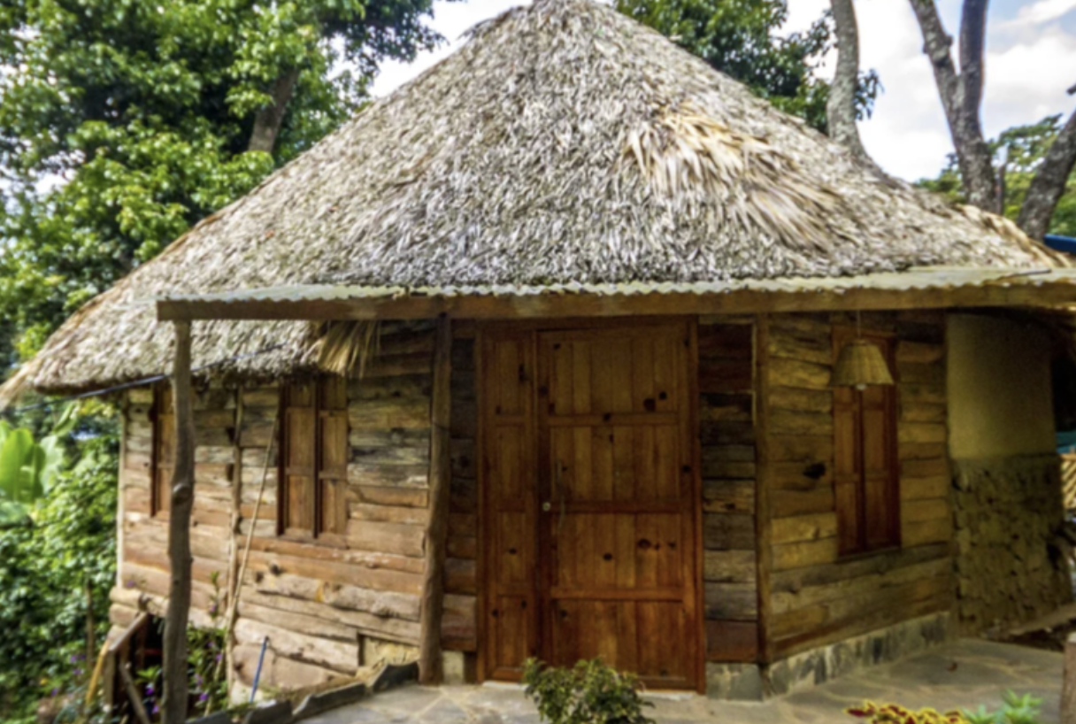 A hut with a thatched roof, an eco-hotel in Lake Atitlan, Guatemala