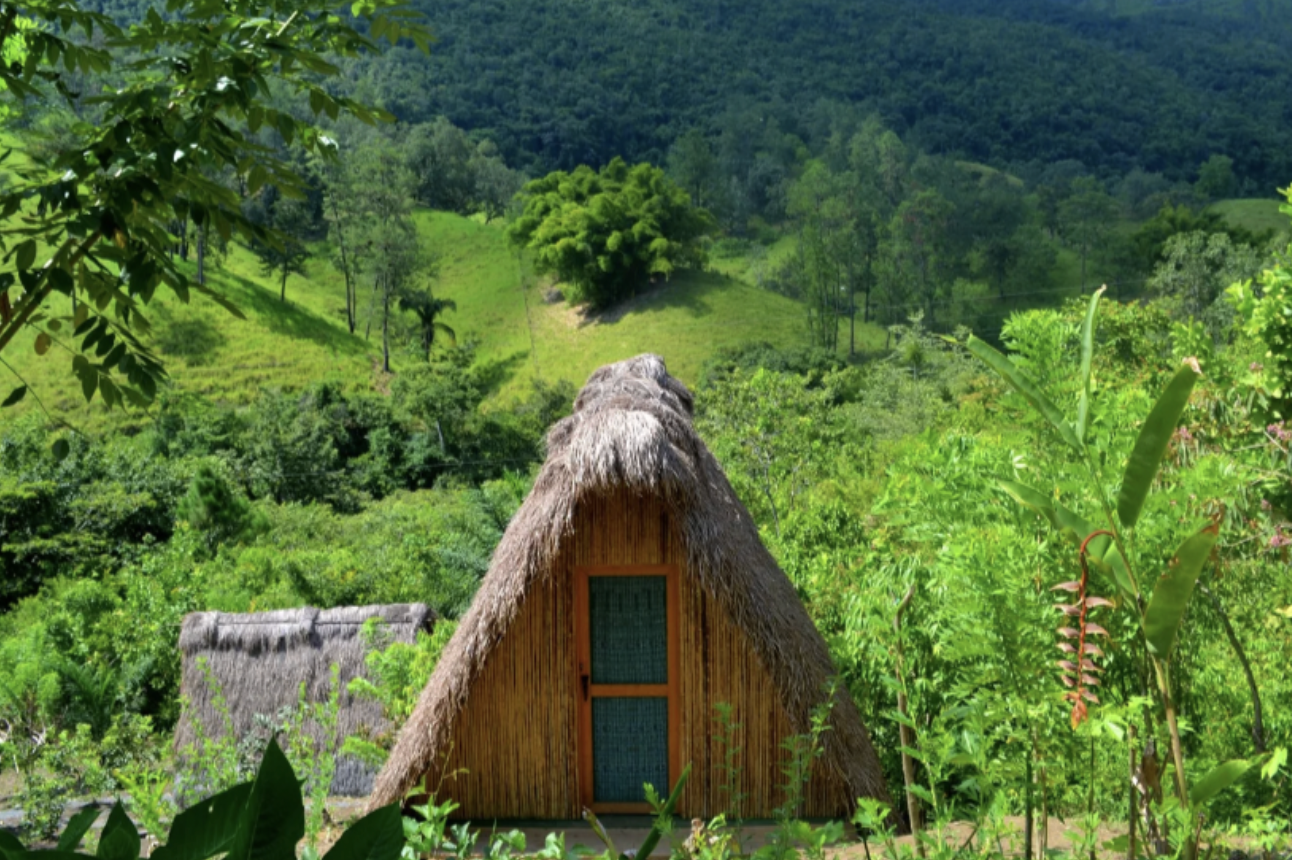 An eco-friendly cottage with a thatched roof at a permaculture farm and hotel in Semuc Champey, Guatemala