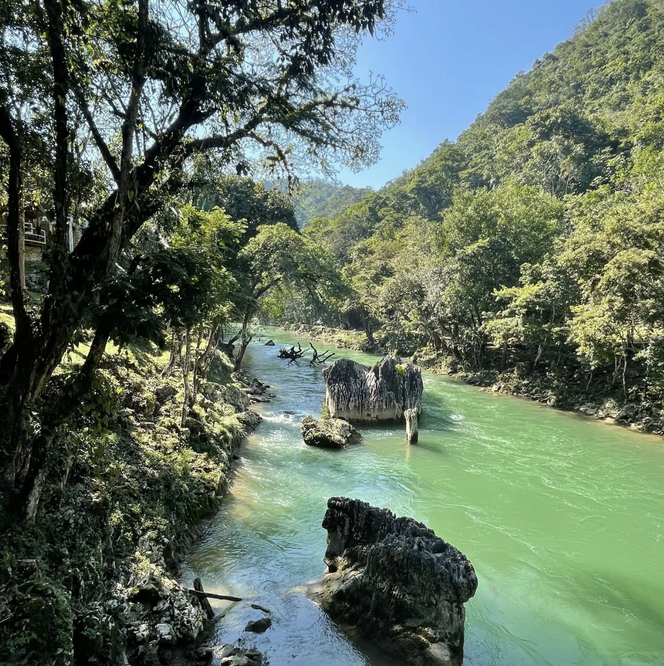 The view of the green river waters, rock formation, and natural settings of Semuc Champey, Guatemala