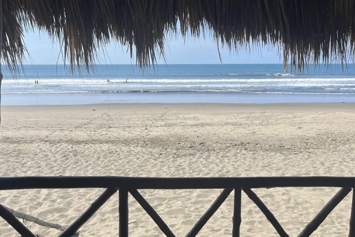 A view of the ocean and the beach from inside a wooden hut with a thatched roof 
