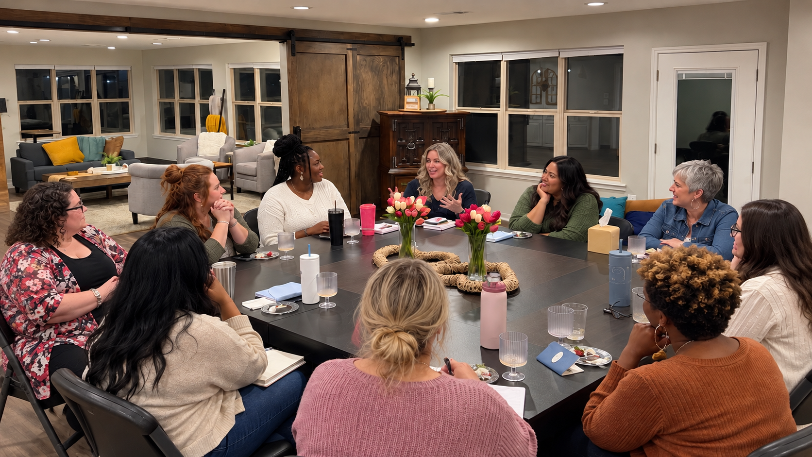 A group of women gathered around a table, talking and laughing together.
