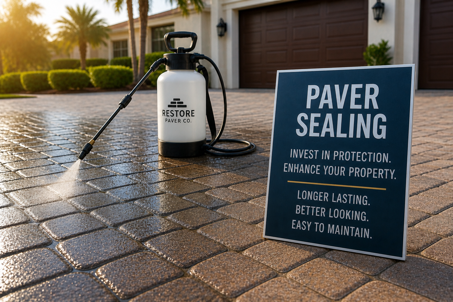 Tampa Bay paver sealing service applying protective sealant with sprayer on driveway Tampa Bay paver sealing service applying protective sealant with sprayer on driveway