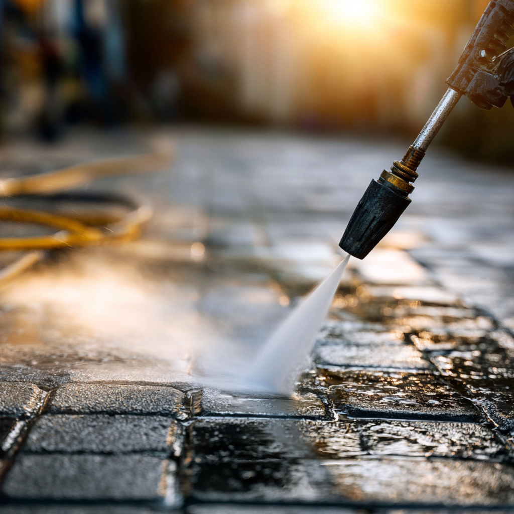 Pressure washing paver driveway in Florida removing dirt and buildup