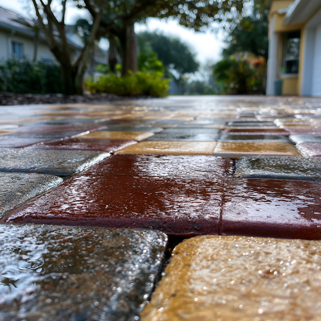 Freshly sealed paver driveway in Florida showing water beading and enhanced color Freshly sealed paver driveway in Florida showing water beading and enhanced color