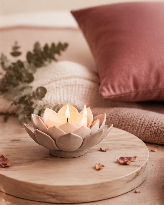 A lit lotus candle in a warm, welcoming space