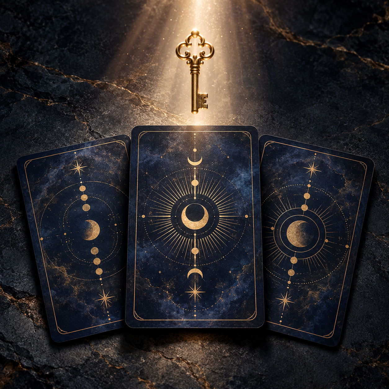 Tarot cards and a lit candle on midnight blue velvet beneath a sunset