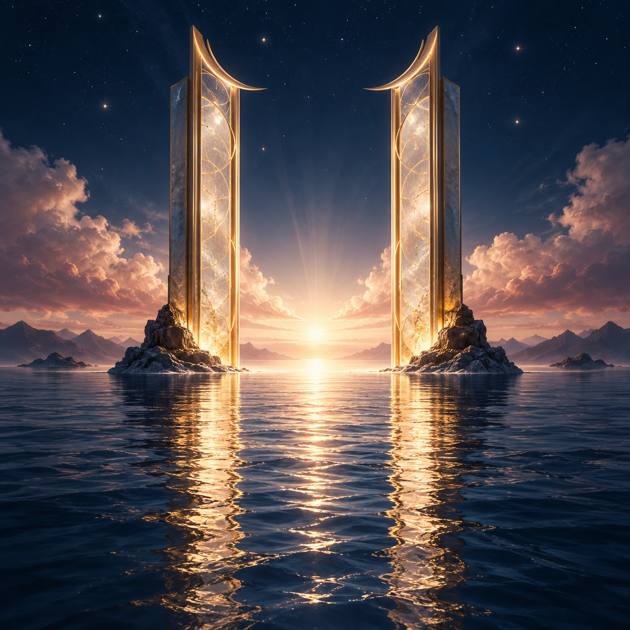 Golden twin pillars above reflective water