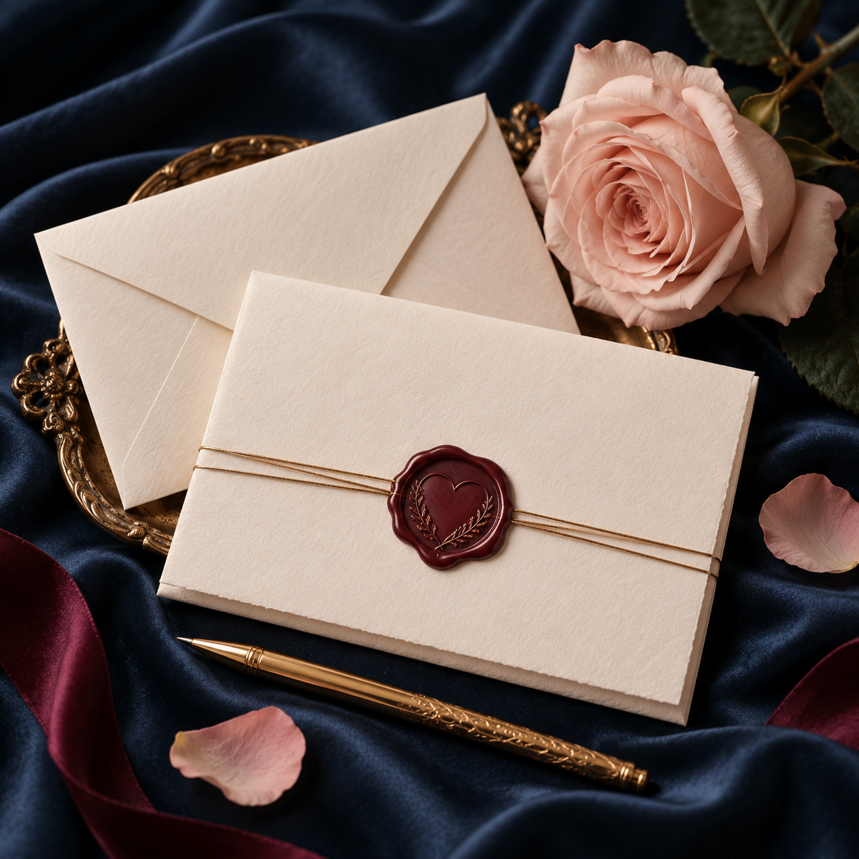 Sealed love letter with a blush rose