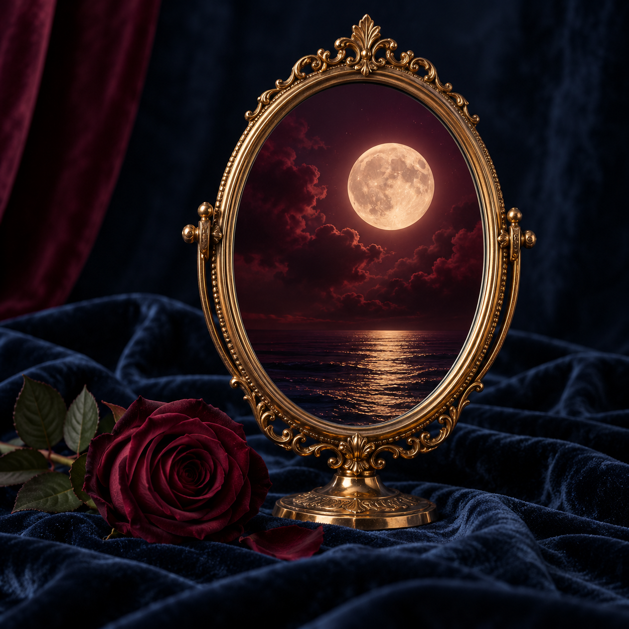 Antique mirror reflecting the moon