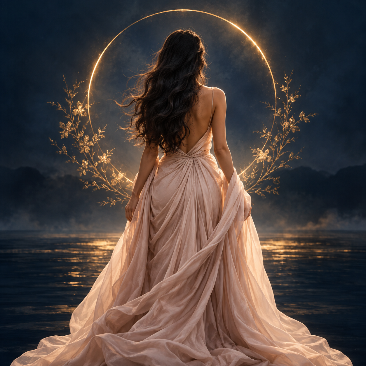 Woman in a flowing blush dress