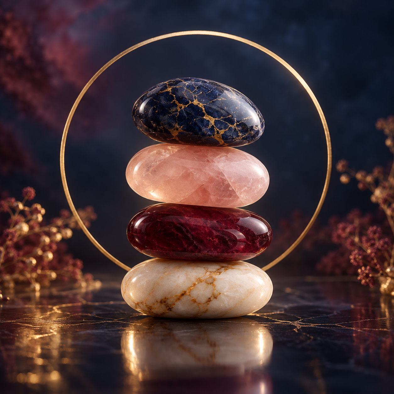 Balanced stones in blue, rose, wine, and cream