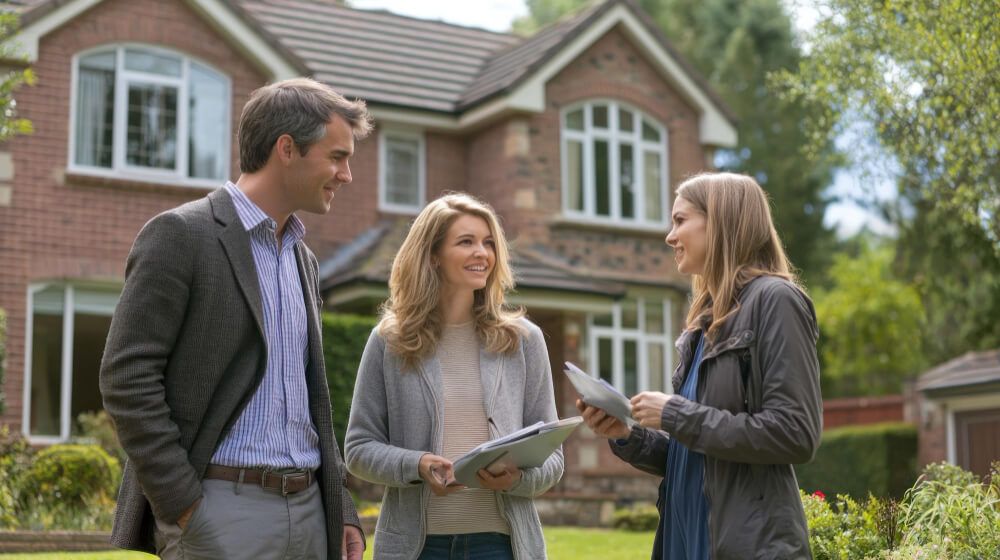 A real estate professional speaking with prospective buyers outside a home
