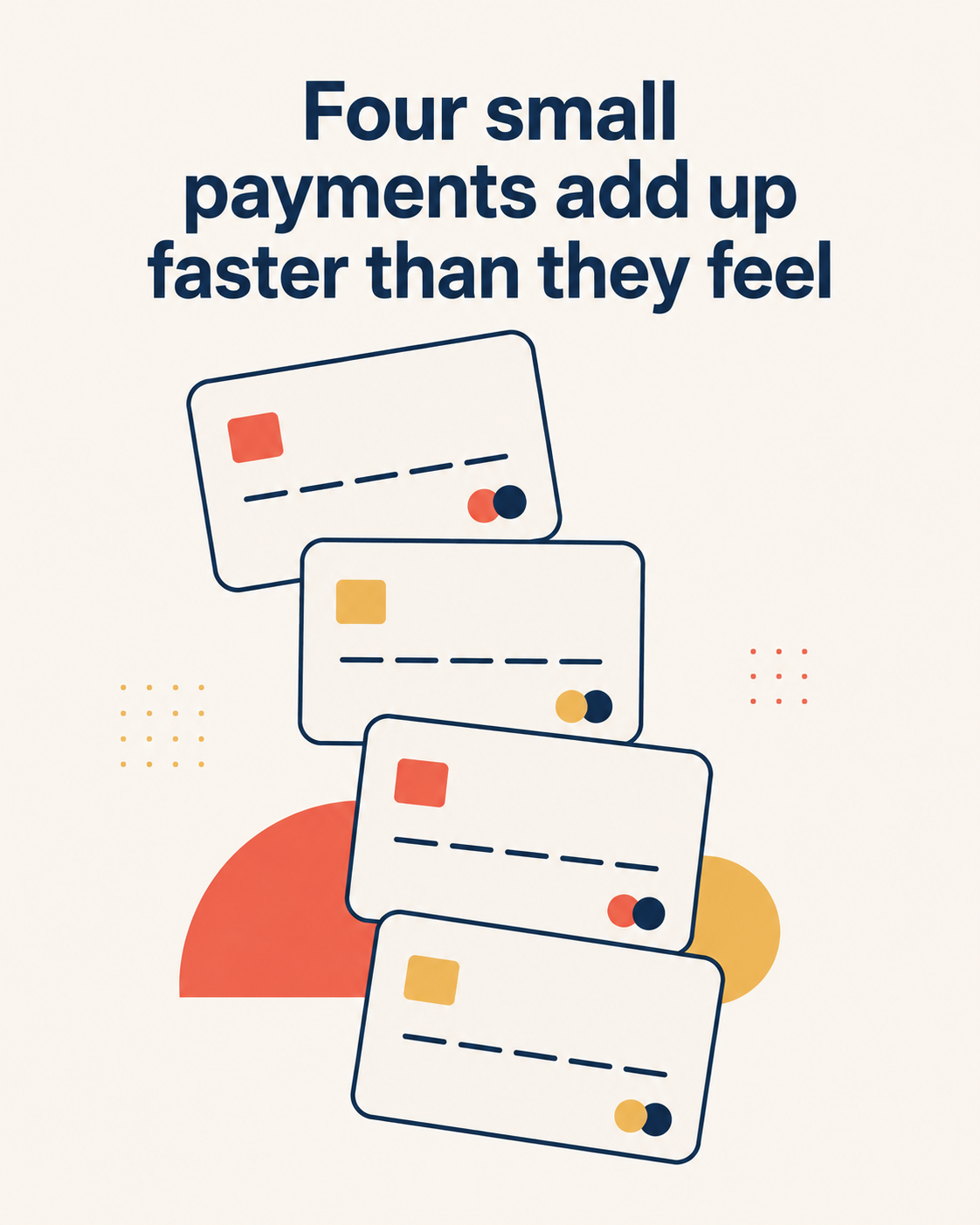 Light cream background with four small stacked payment card icons in navy and coral, representing split BNPL payments.