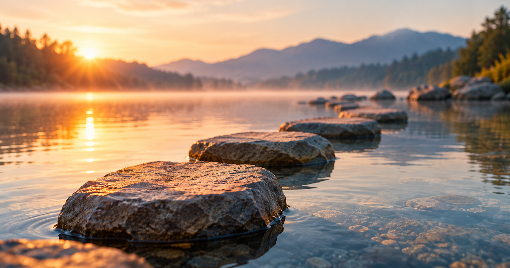 Stepping stones across calm water with the nearest stone close and easy to reach.