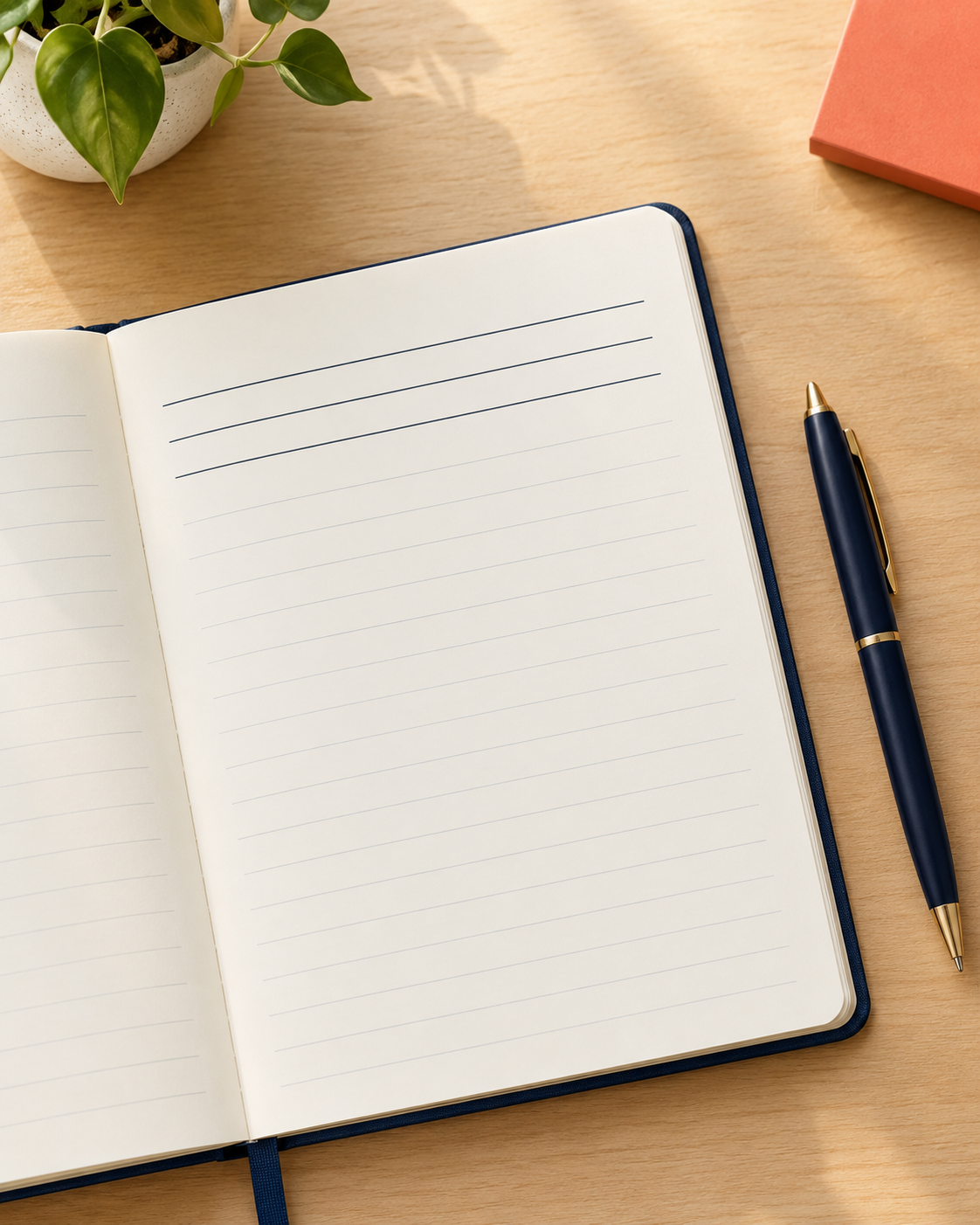 Notebook on a desk with three empty lines and a pen, ready for a restart note.