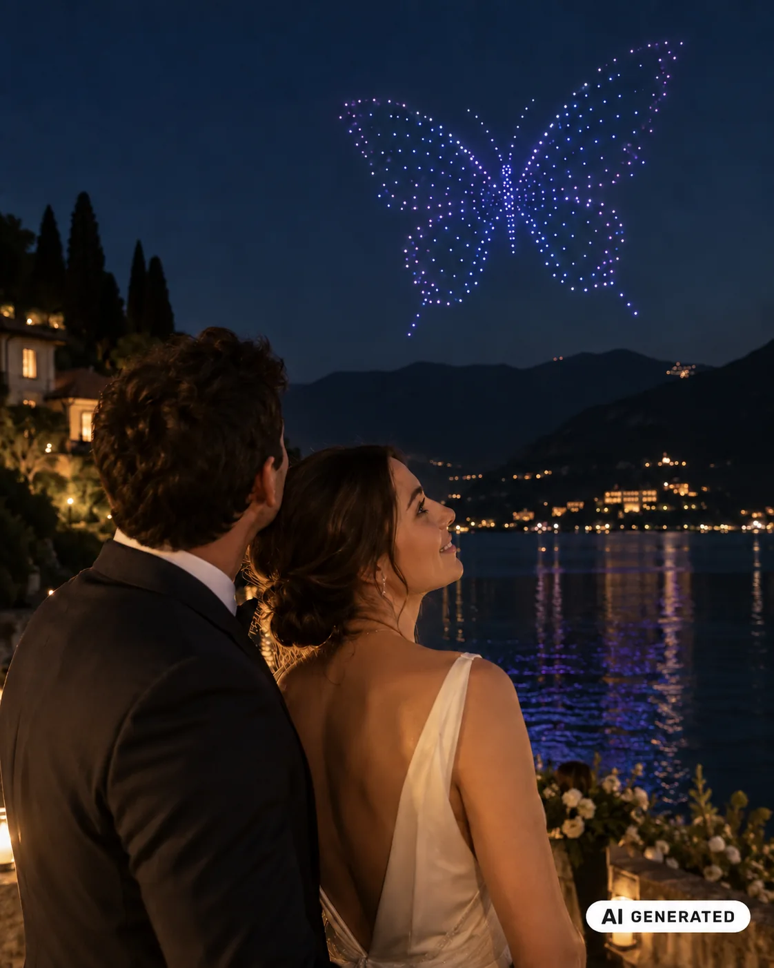 Coppia di sposi in primo piano con farfalla di luce in cielo (Immagine generata con AI)