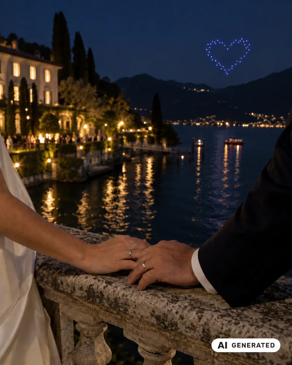 Mani degli sposi con fedi e grande cuore luminoso di droni nel cielo (Immagine generata con AI)