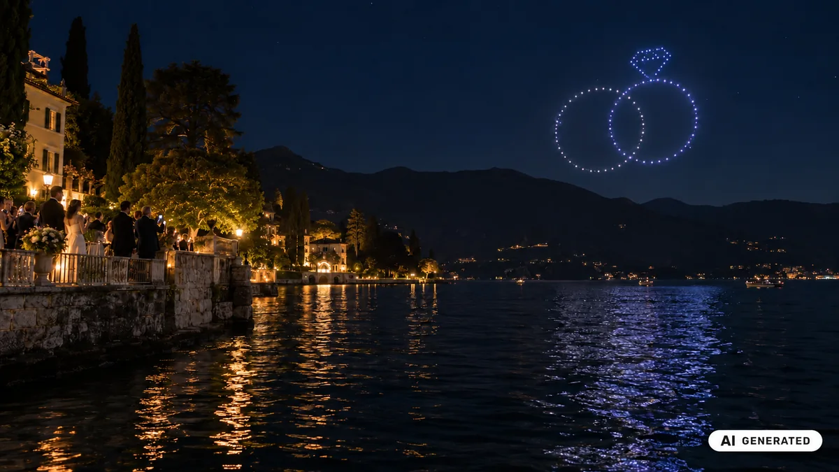 Terrazza panoramica sul lago con anelli di luce creati dai droni (Immagine generata con AI)