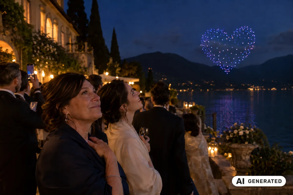 Ospiti al matrimonio osservano un cuore luminoso nel cielo (Immagine generata con AI)