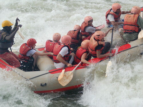 Rafters running white water on the Upper Nile in Uganda