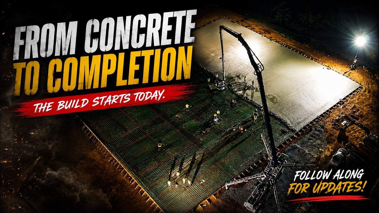 Night drone shot of a concrete pour from the GRECO film From Concrete to Completion