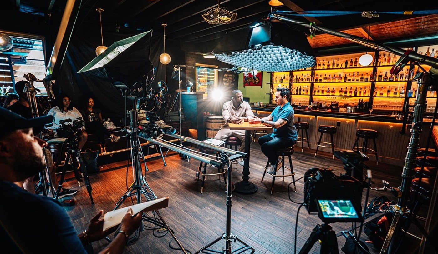 Production set with cameras and lights