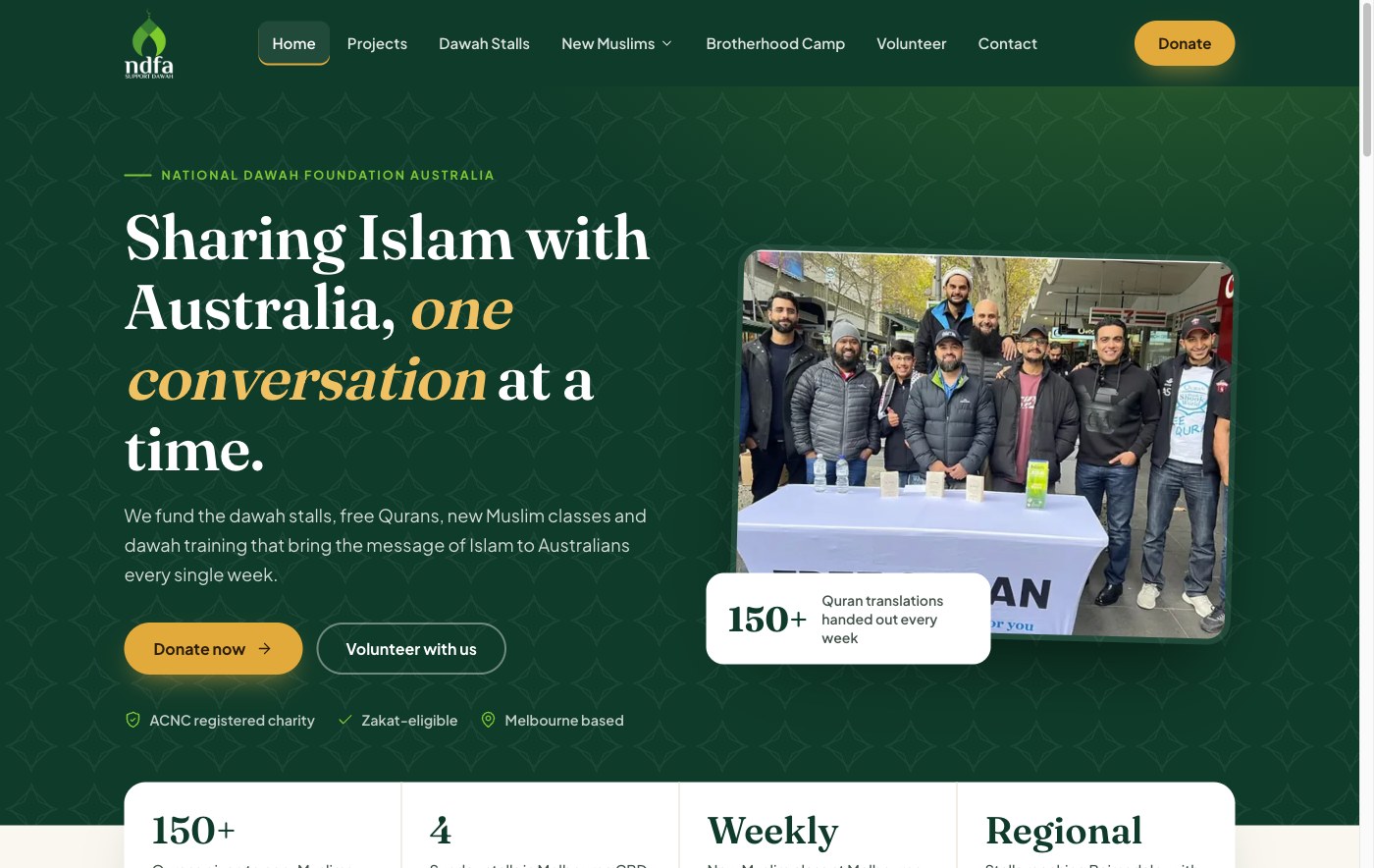 The new NDFA homepage: green and gold, a clear hero with a Donate button and impact numbers underneath