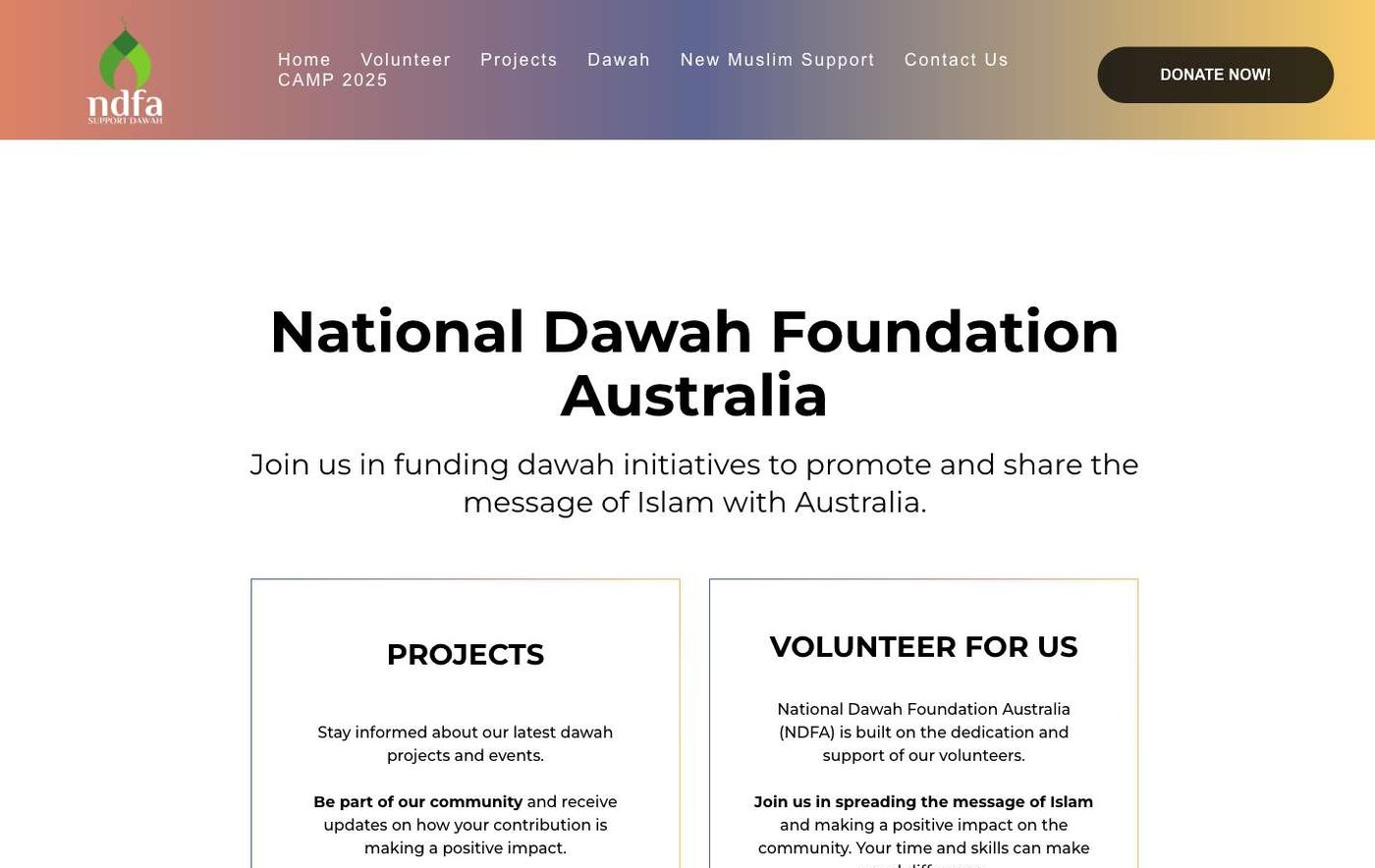 The old NDFA homepage: a white page of bordered boxes with centred text