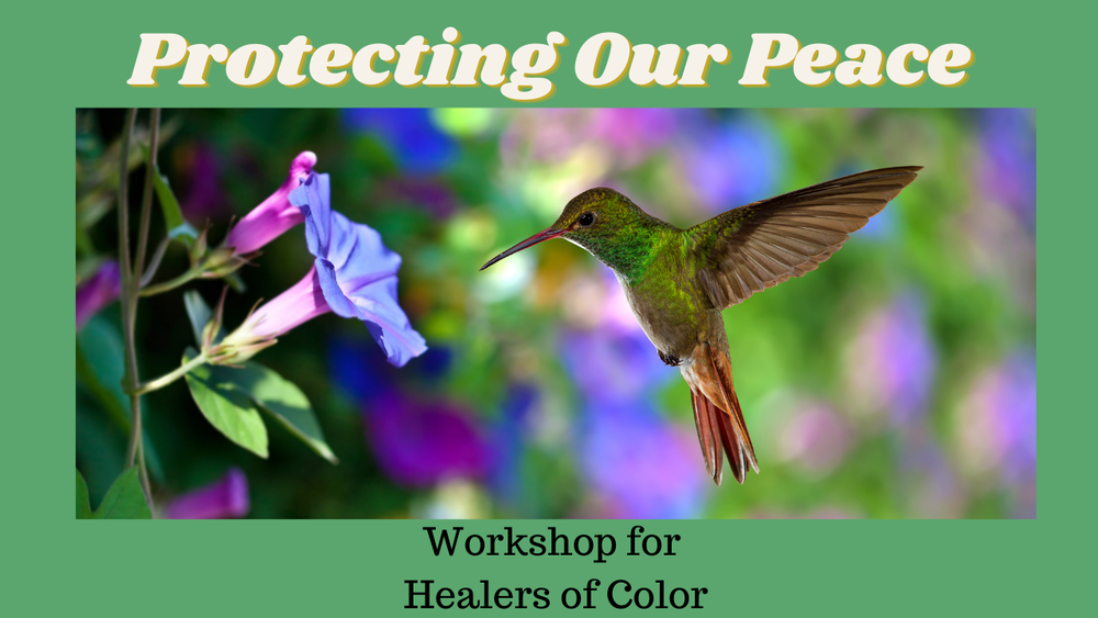 Image of hummingbird in front of purple flowers with heading Protecting Our Peace and footer a workshop for healers of color