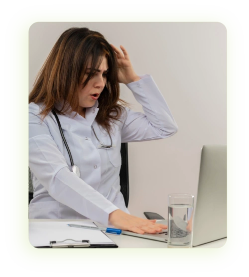 Stressed medical practitioner overwhelmed by marketing challenges before using Patient Lead Flow