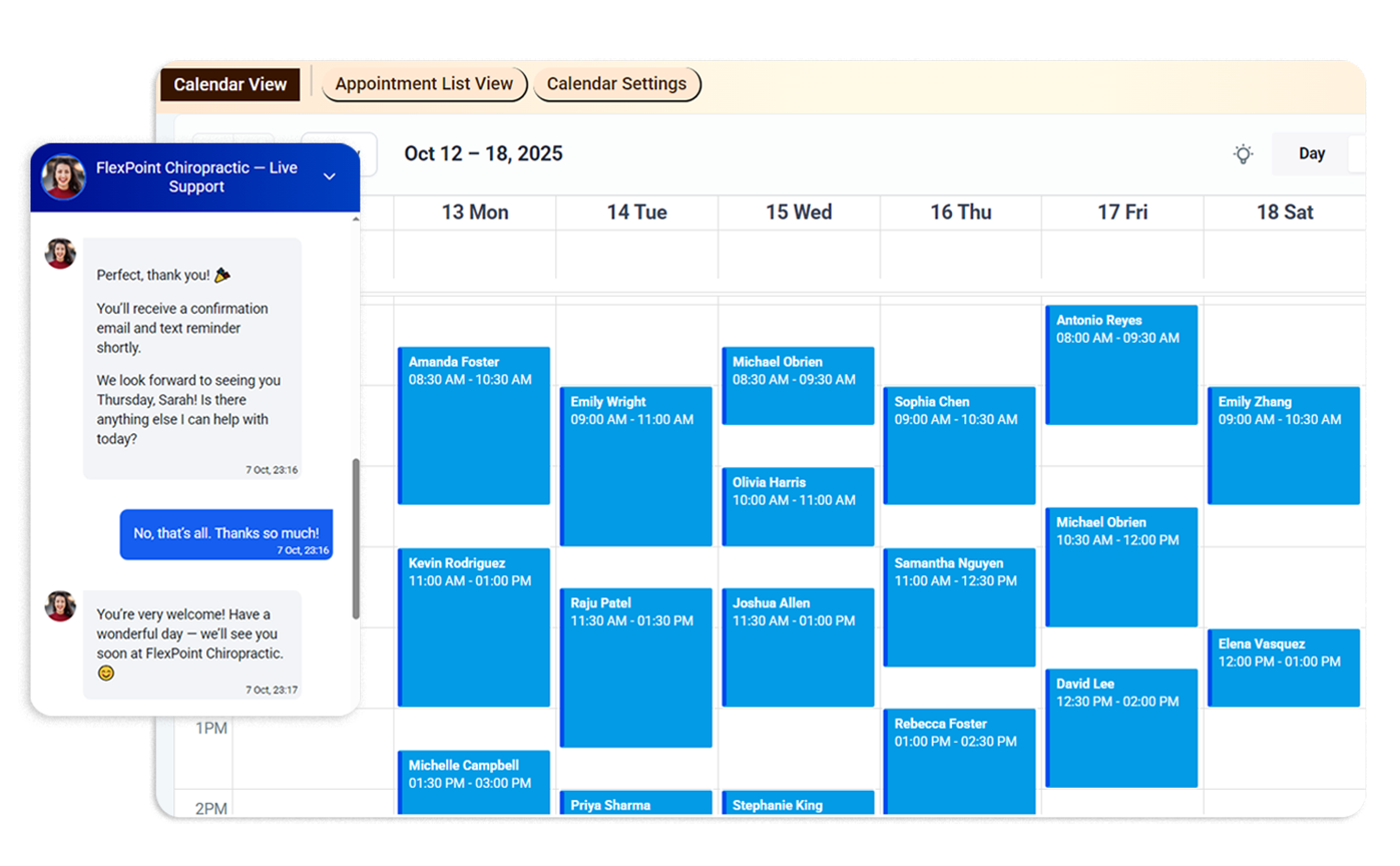 Weblink-powered Patient Lead Flow calendar displaying appointments and chat messages