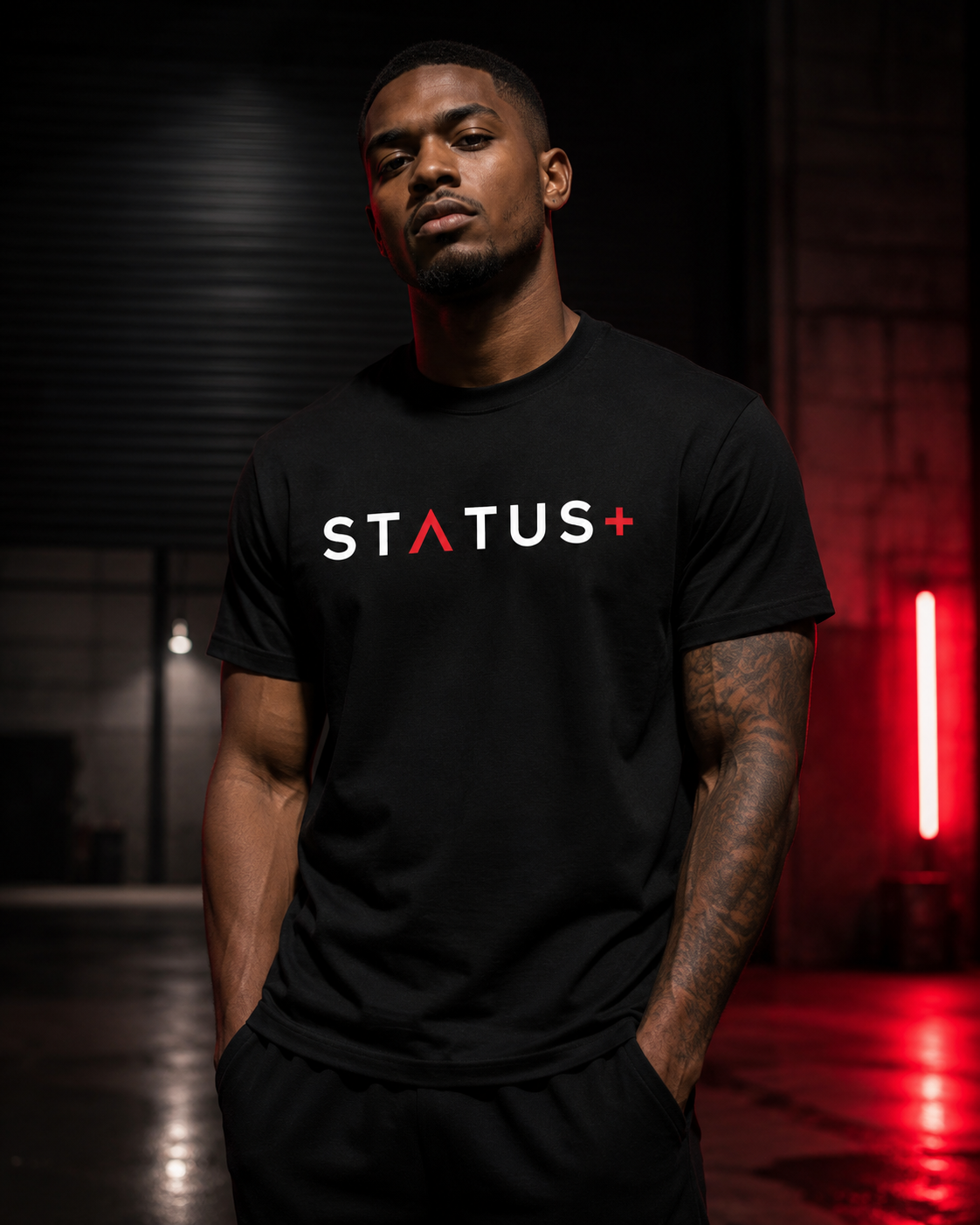 Status Plus Black T-Shirt (White And Red Logo) — back