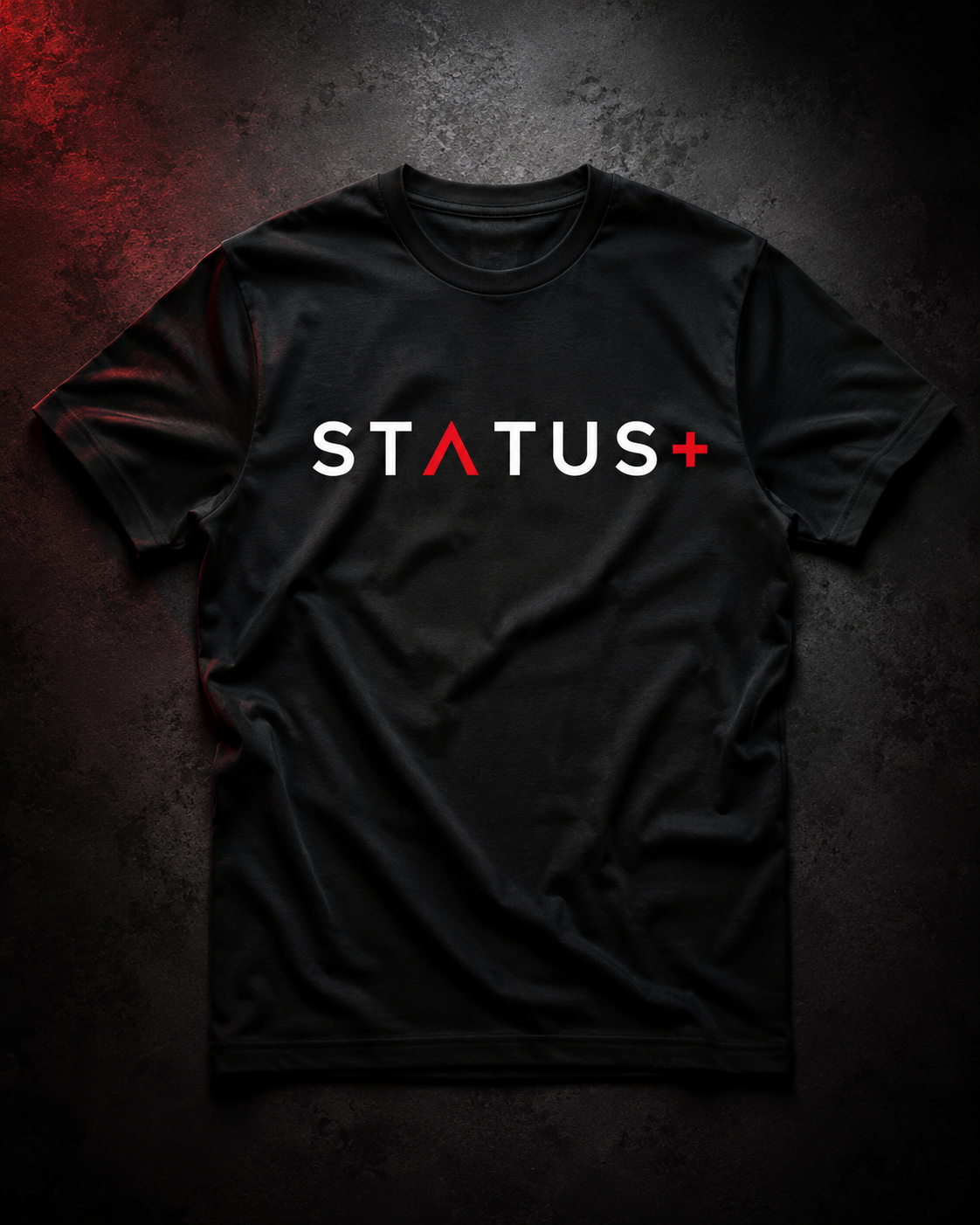 Status Plus Black T-Shirt (White And Red Logo) — front