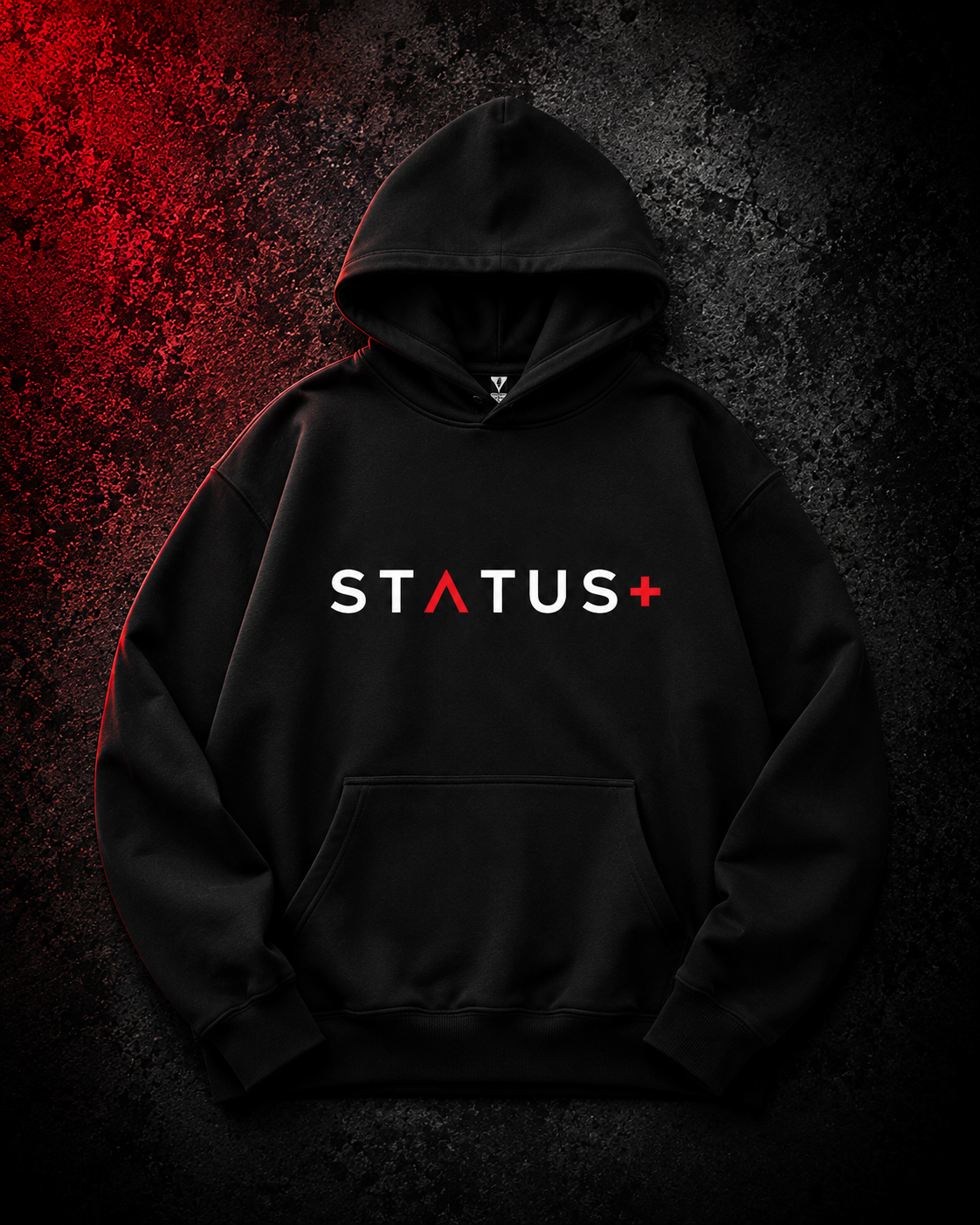 Status Plus Black Hoodie (White And Red Logo) — front