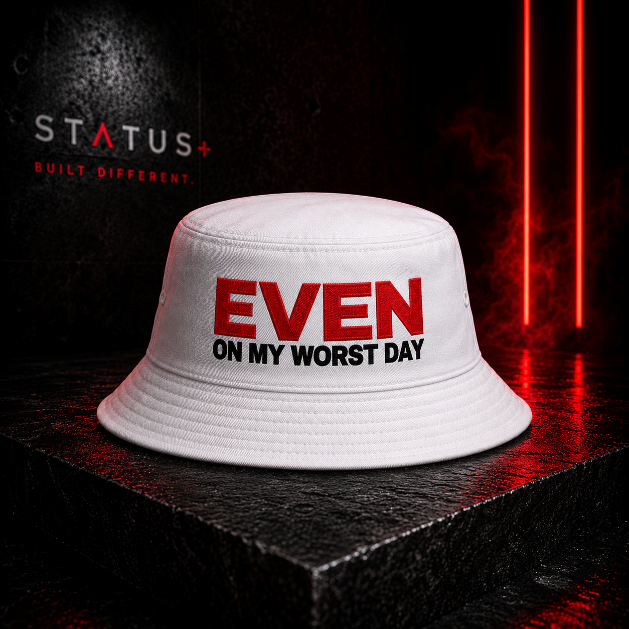 Status Plus White Bucket Hat (Black And Red Logo) — front